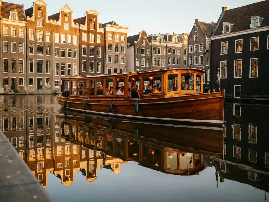 1910 Dutch salon tjalk with polished iroko wood sailing Amsterdam canal at golden hour, historic stepped gabled facades reflected in calm water.