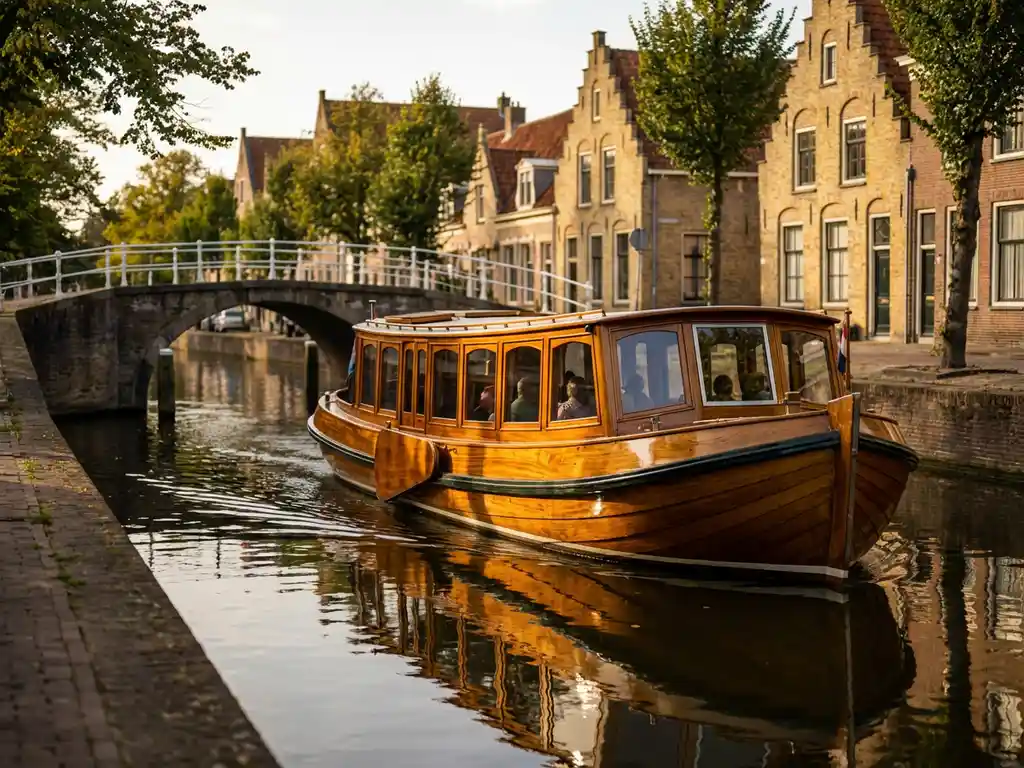 Dutch salon tjalk canal boat with polished iroko hull cruising Amsterdam's historic canals, golden-brick gabled houses reflected in glassy water at golden hour.