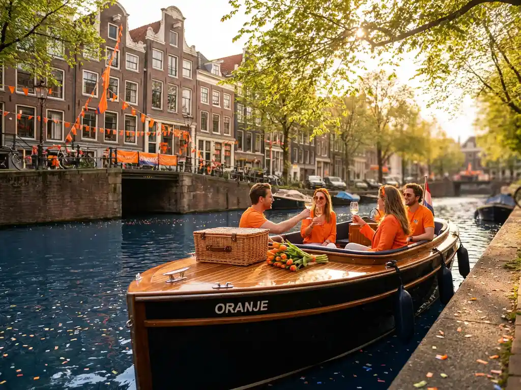 Electric sloop gliding through Amsterdam canal on King's Day, friends in orange raising wine glasses beside tulips and historic Dutch gabled houses draped in orange flags.