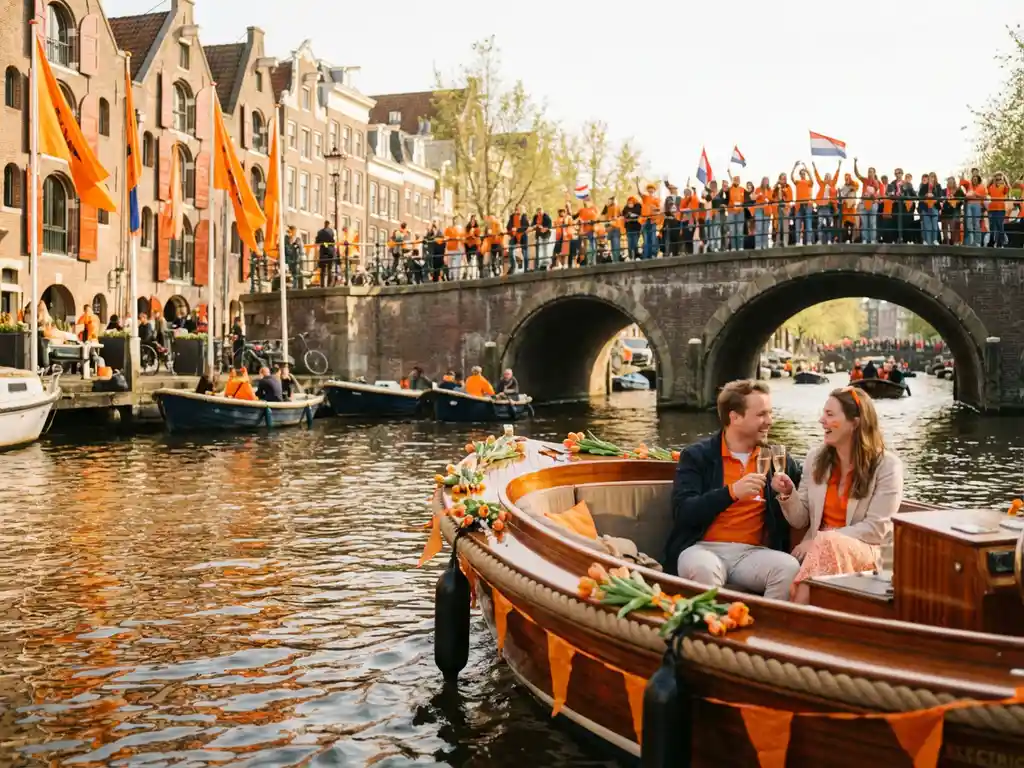 Couple sharing champagne on an orange-tulip-adorned electric sloop during Amsterdam King's Day, with festive canal bridges and gabled facades reflected in golden water.