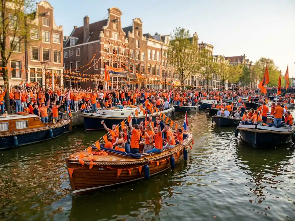 Rented sloop sailing Amsterdam canal on King's Day amid orange-flagged boats, cheering crowds, and gabled facades draped in orange bunting.