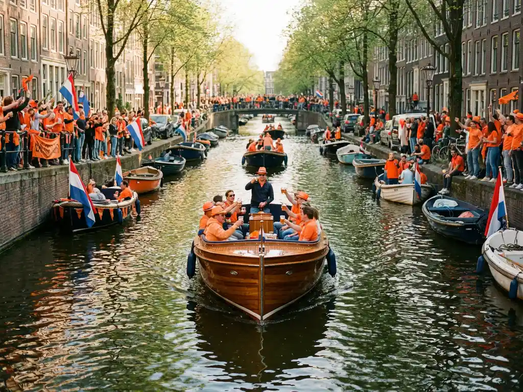 Electric sloop cruising Amsterdam canal on King's Day, orange flags on surrounding boats, crowds lining historic brick banks in golden afternoon light.