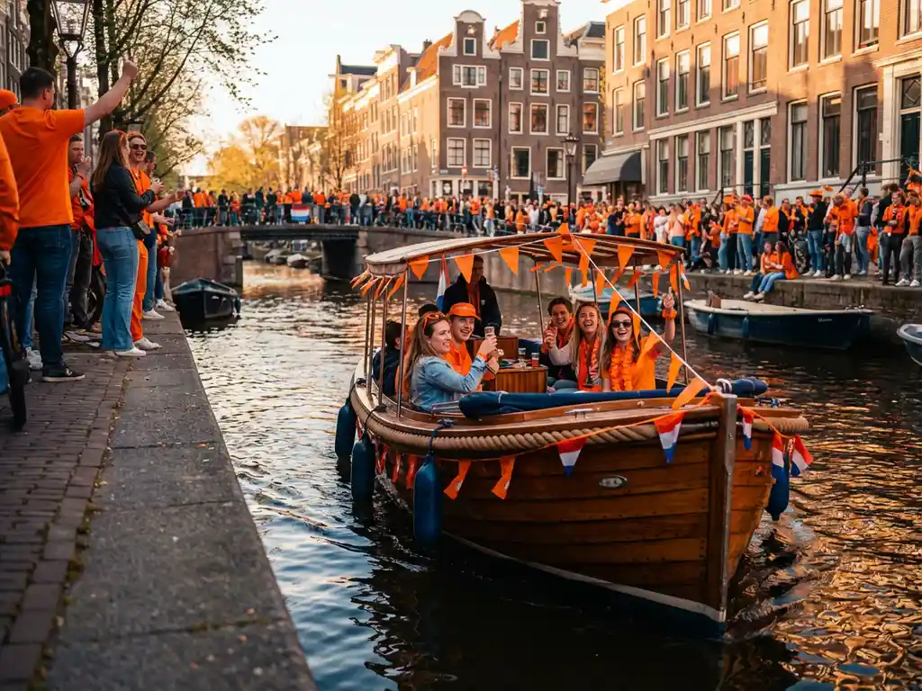 Electric sloop decorated with orange Dutch flags carrying laughing passengers on an Amsterdam canal during King's Day celebrations.