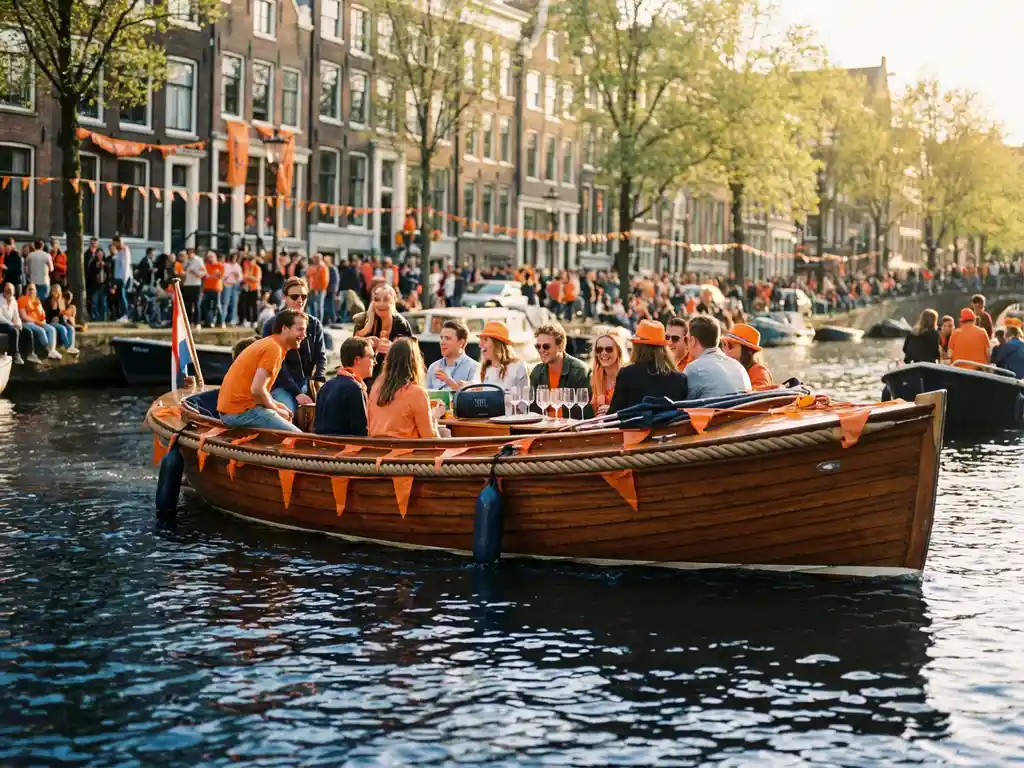 Electric sloop filled with friends in orange outfits cruising an Amsterdam canal on King's Day, Dutch gabled houses draped in orange bunting behind them.