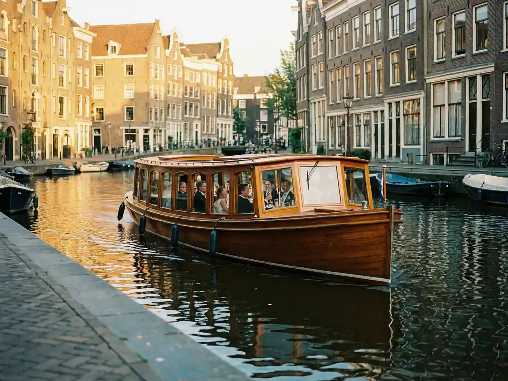 Luxury Dutch salon boat with polished iroko wood gliding through Amsterdam canal at golden hour, guests dining inside, historic gabled facades reflected in water.
