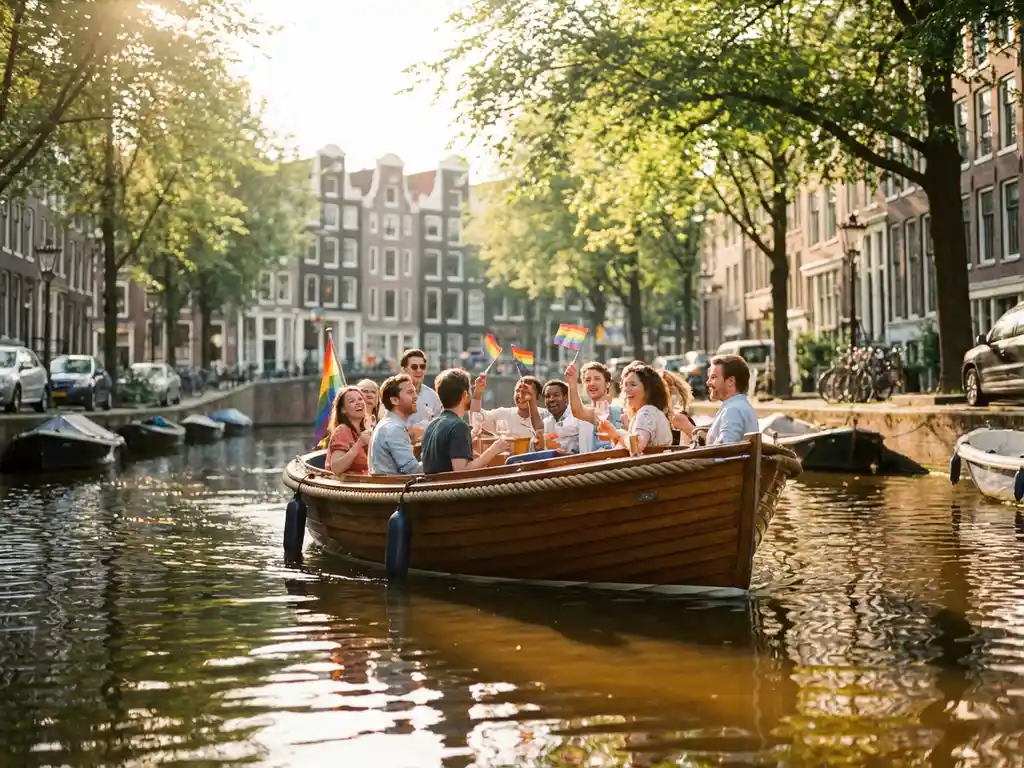 Friends celebrating on an open canal boat in Amsterdam, waving rainbow flags and wine glasses along a sunlit historic waterway.