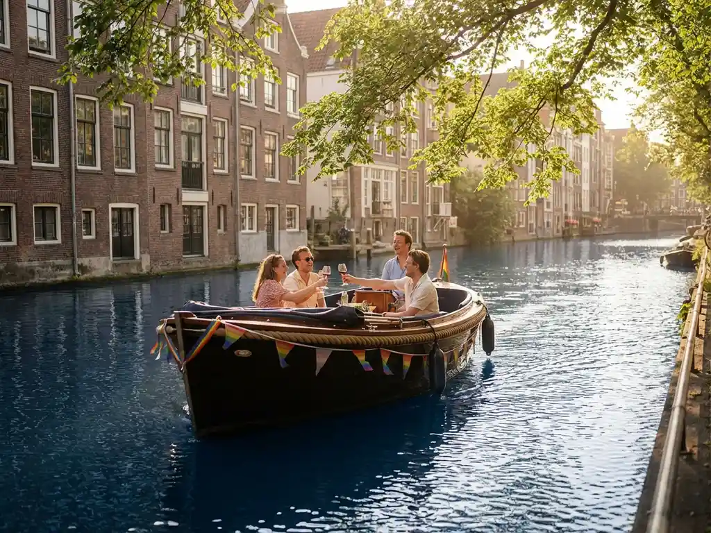 Electric sloop decorated with rainbow ribbons carrying friends toasting wine glasses through an Amsterdam canal during Pride, golden-hour light on historic gabled facades.