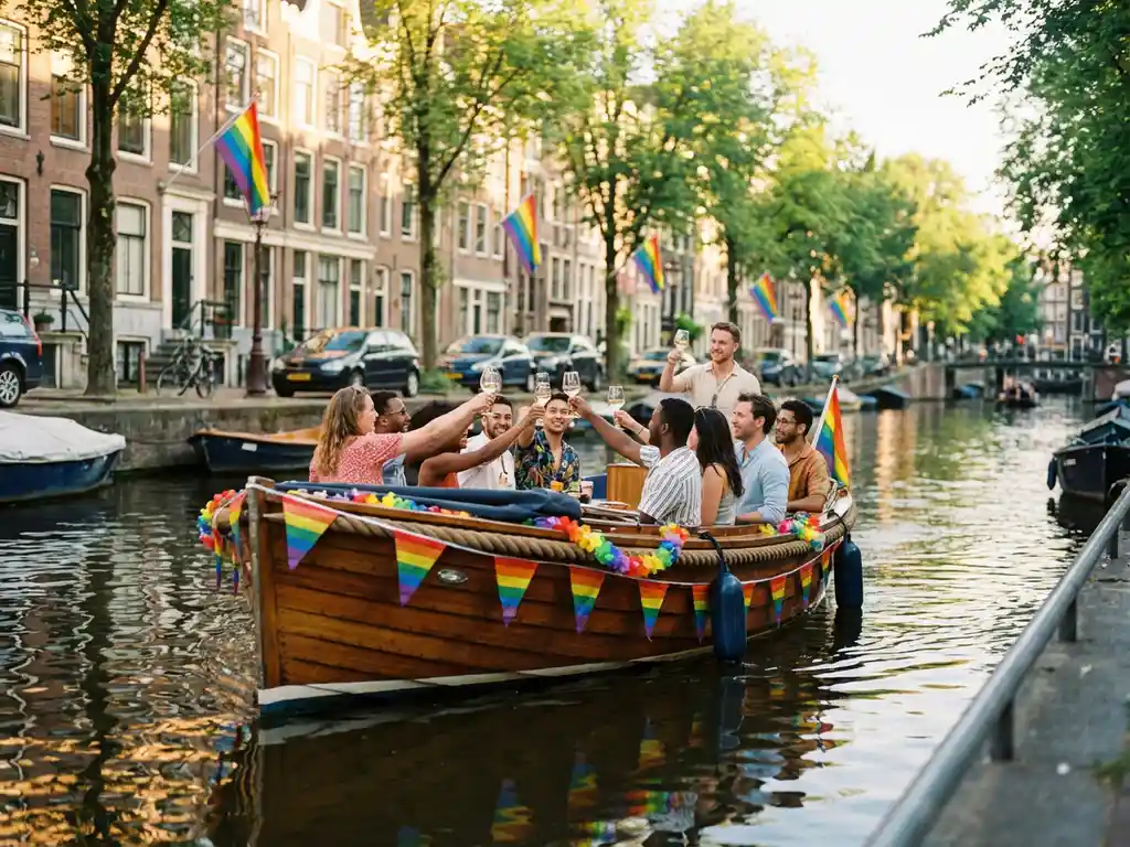 Electric sloop decorated with rainbow flags cruising an Amsterdam canal during Pride, friends toasting with wine glasses in golden-hour light.