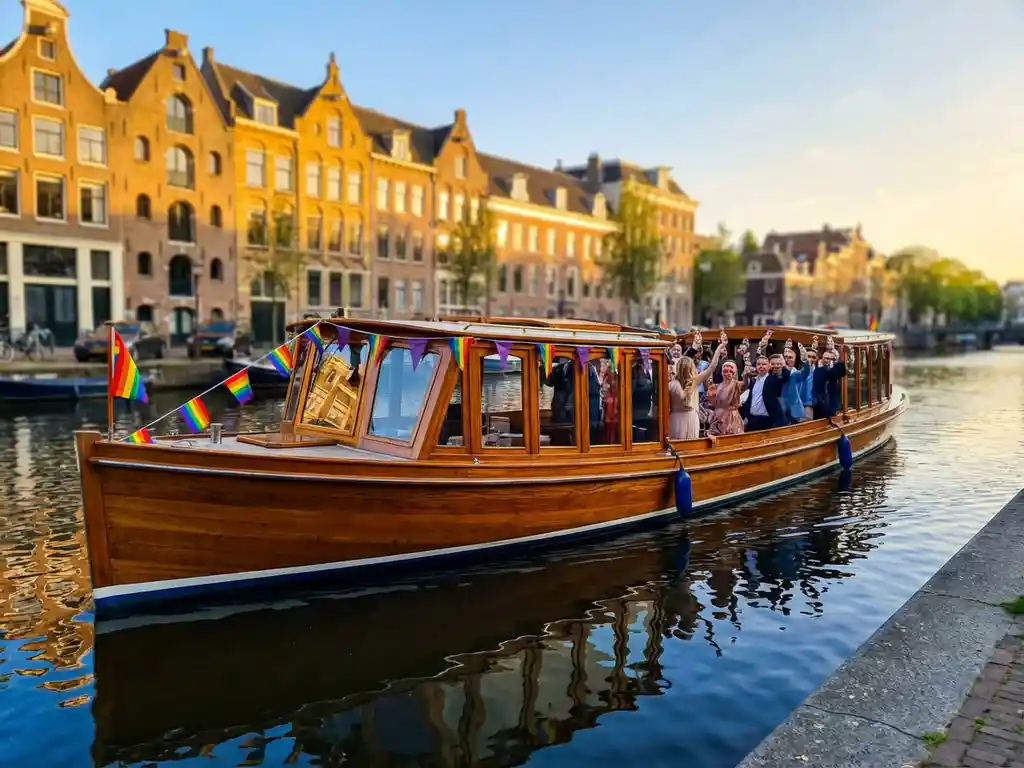 Luxury Dutch salonboot with polished iroko wood sailing Amsterdam's canals during Pride, rainbow bunting on bow, guests on deck, golden-hour reflections.