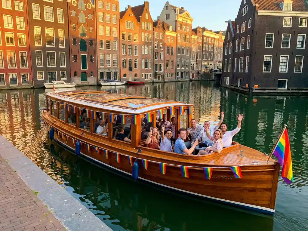 Luxury Dutch salonboot with rainbow flags on iroko wood railings cruising Amsterdam's canal during Pride, historic gabled facades reflected in water.