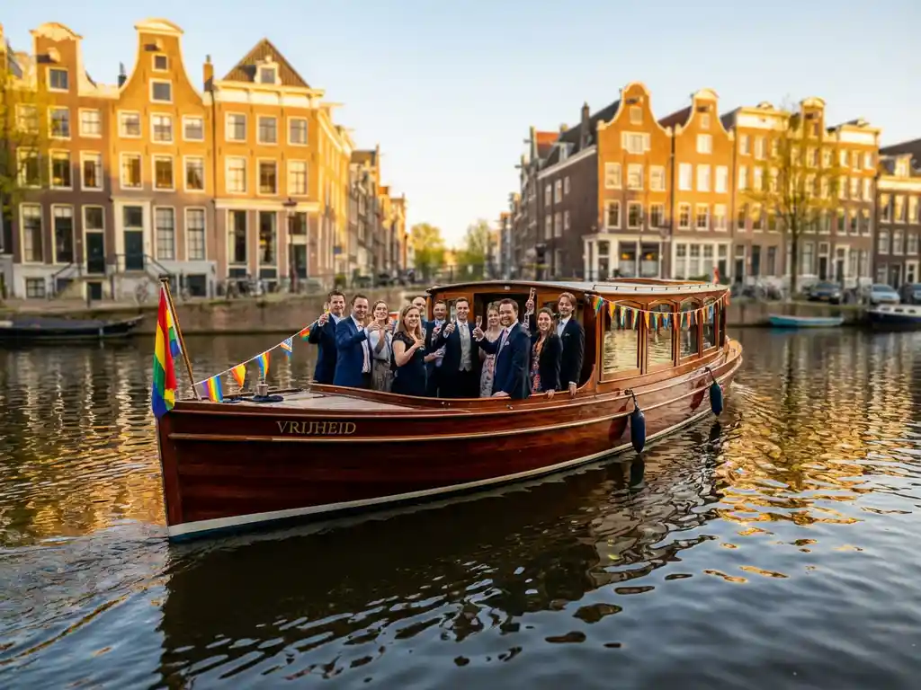 Luxury mahogany salonboot decorated with rainbow flags sailing Amsterdam's Prinsengracht canal during golden hour, guests toasting on deck beside historic gabled houses.