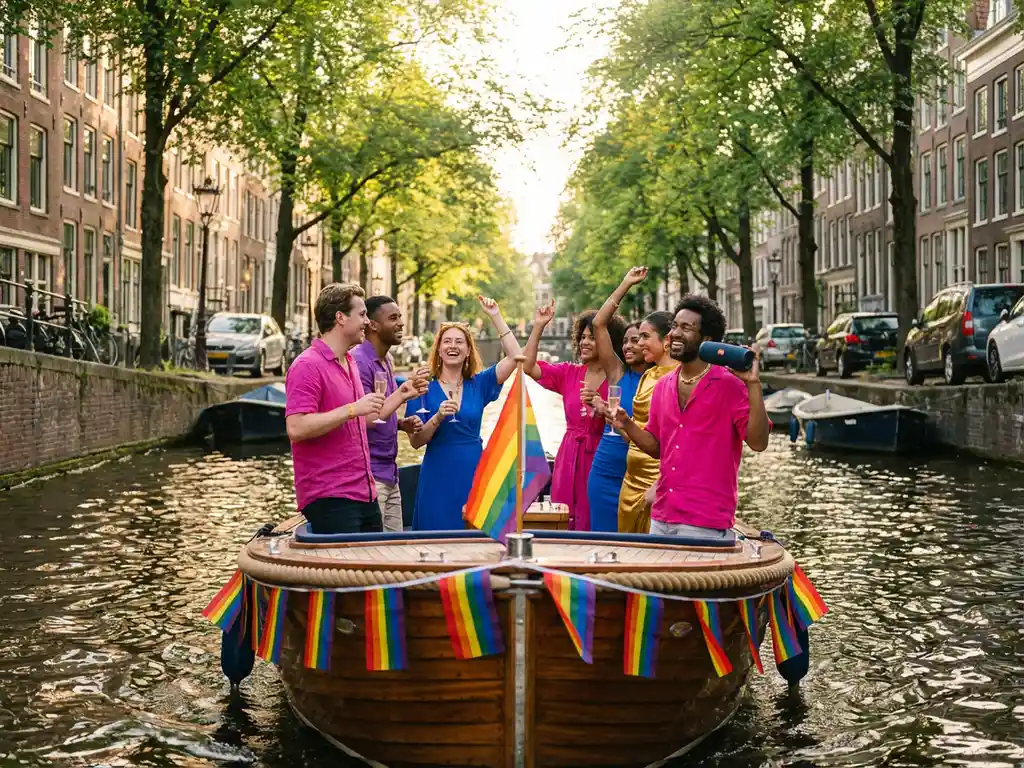 Electric sloop decorated with Pride rainbow flags cruising an Amsterdam canal at golden hour, friends celebrating on deck with champagne.