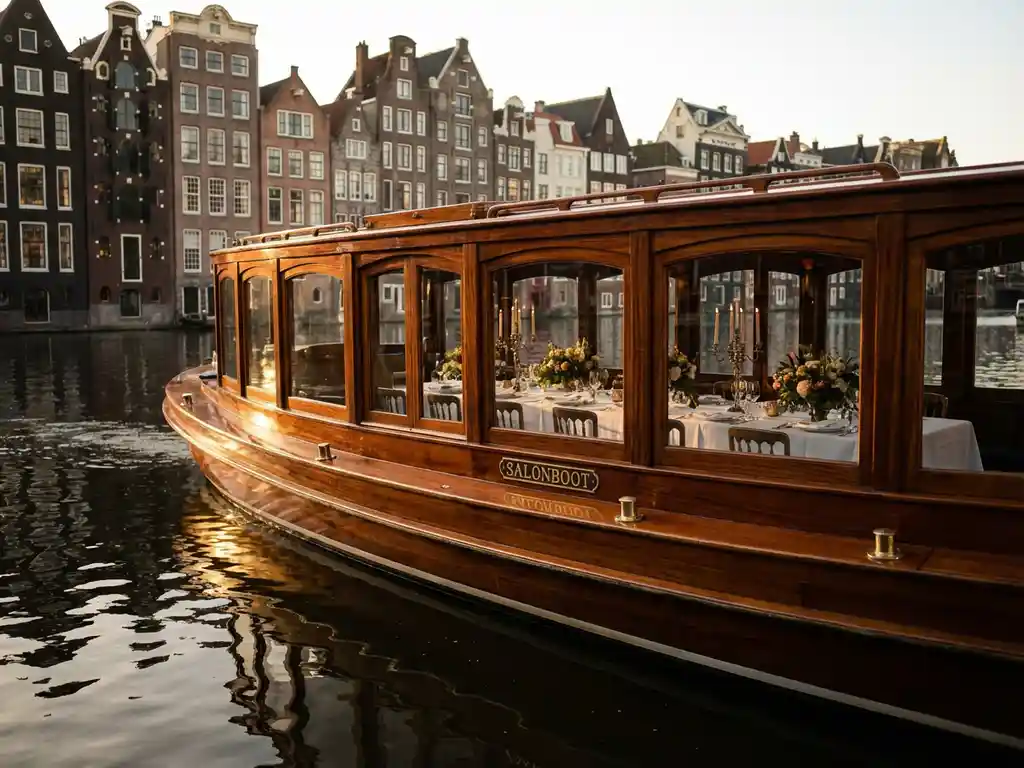 Classic Dutch salon tjalk gliding through Amsterdam canals at golden hour, polished iroko wood hull reflecting historic gabled houses in calm water.