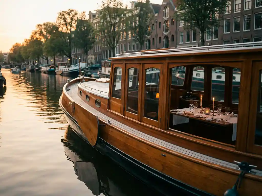 Dutch salon tjalk gliding through Amsterdam's canals at golden hour, polished iroko hull reflecting in calm water, candlelit dinner table visible through glazed windows.
