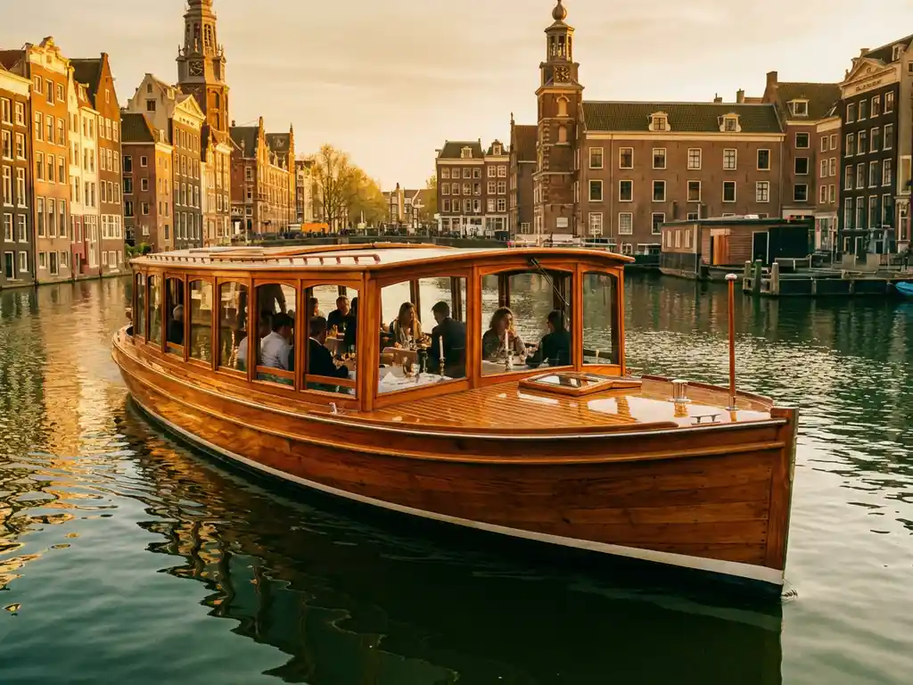 Dutch salon tjalk canal boat with polished iroko hull cruising Amsterdam's waterways at golden hour, guests dining inside glazed windows.