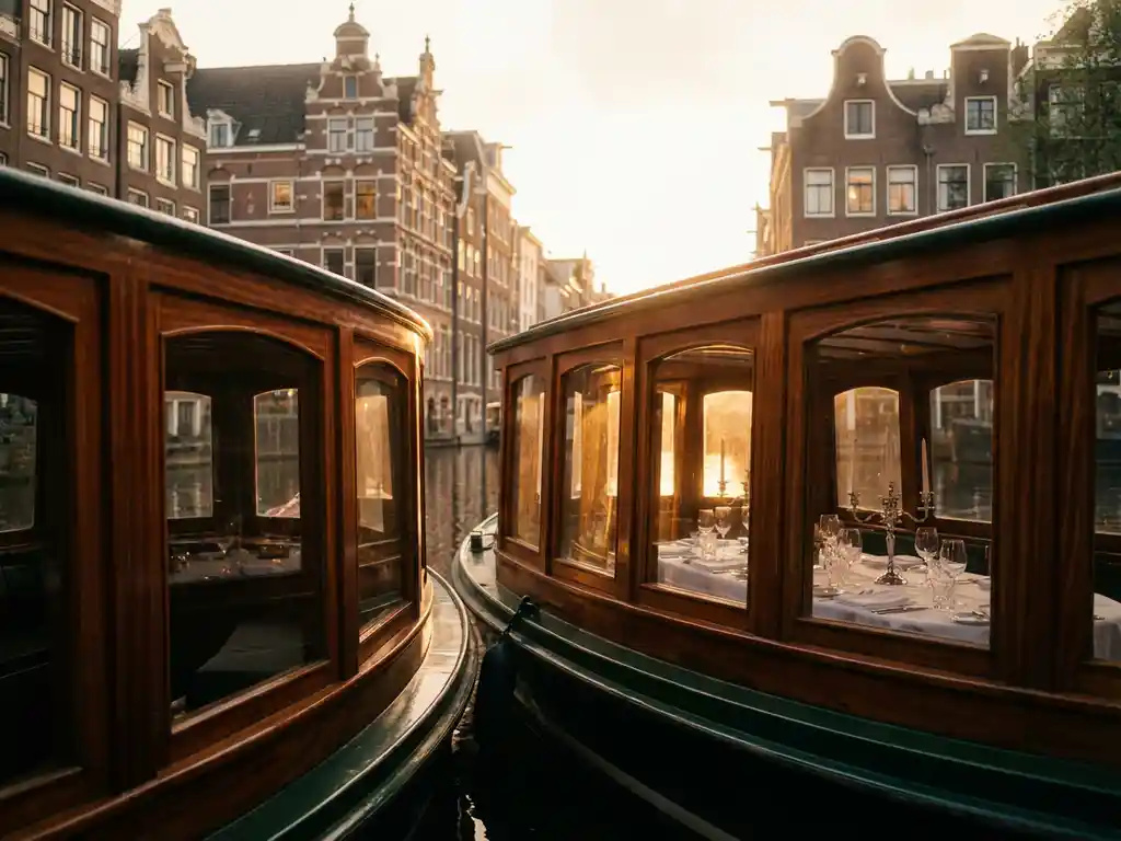 Dutch salon tjalk canal boat on Amsterdam waterway at golden hour, polished iroko wood hull reflecting in still water beside historic gabled facades.