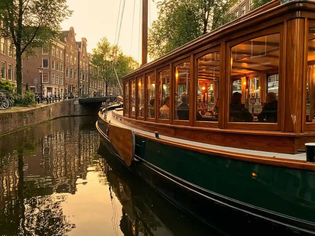 1910 Dutch salon tjalk gliding through Amsterdam canals at golden hour, polished iroko hull reflecting in still water, guests dining inside warmly lit glazed windows.