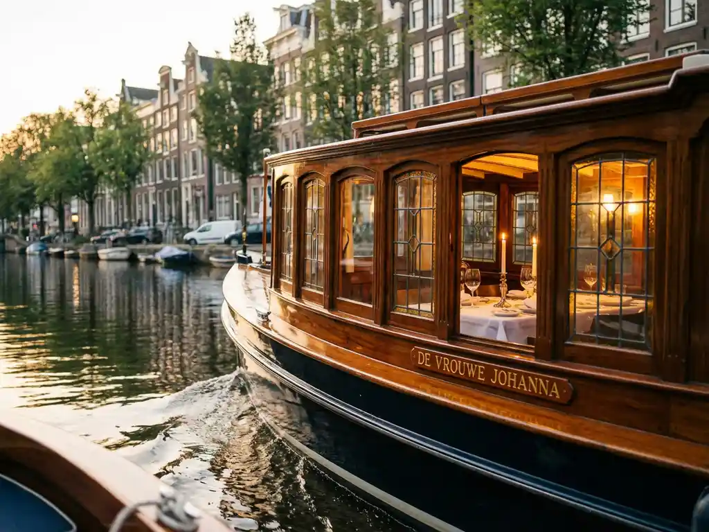 Dutch salon tjalk gliding through Amsterdam canals at golden hour, polished iroko hull gleaming beside historic gabled reflections.
