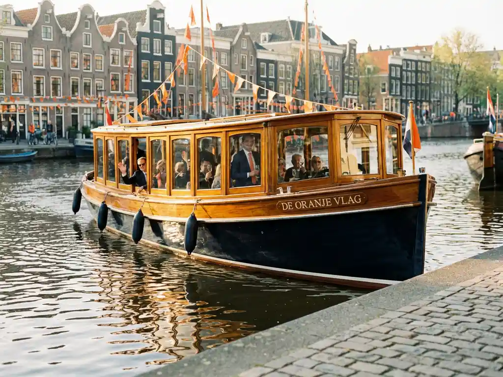 Dutch salon tjalk gliding through Amsterdam's canals on King's Day, polished iroko hull reflecting calm water, orange bunting adorning historic gabled houses.