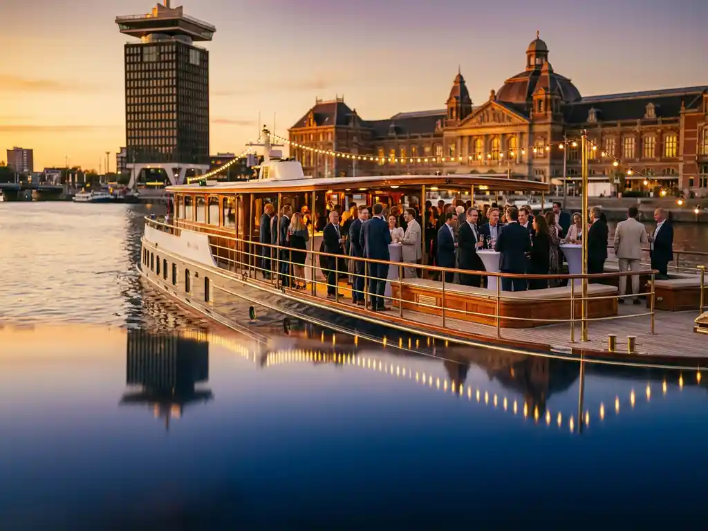 Luxury event boat on Amsterdam's IJ waterway at golden hour, corporate guests on upper deck, A'DAM Tower and Central Station reflected in calm water.