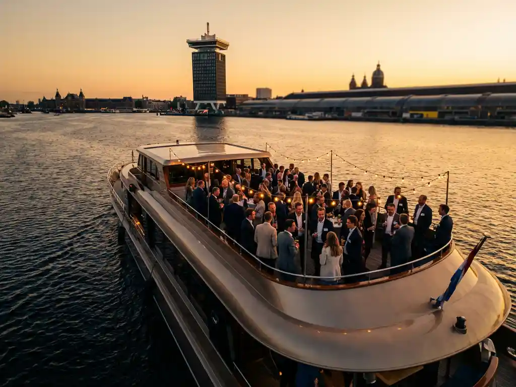 Luxury corporate event vessel on Amsterdam's IJ waterway at golden hour, guests mingling on deck with A'DAM Tower visible in background.