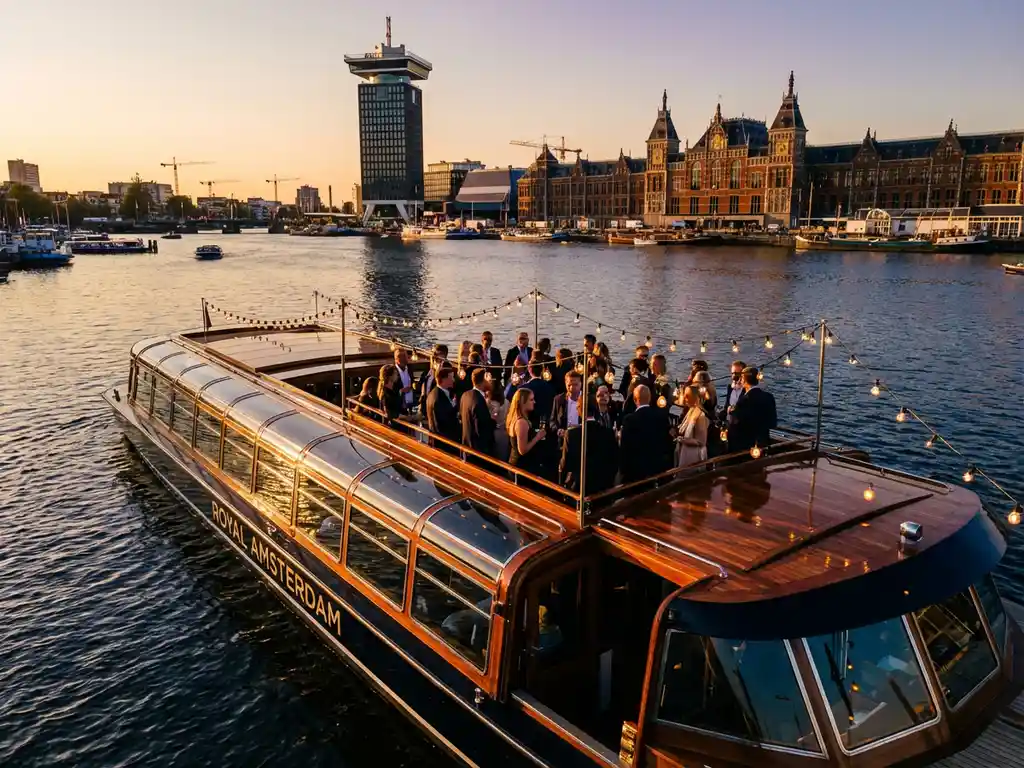 Luxury event boat cruising Amsterdam's IJ waterway at golden hour, guests at rooftop reception with A'DAM Tower and Central Station in background.