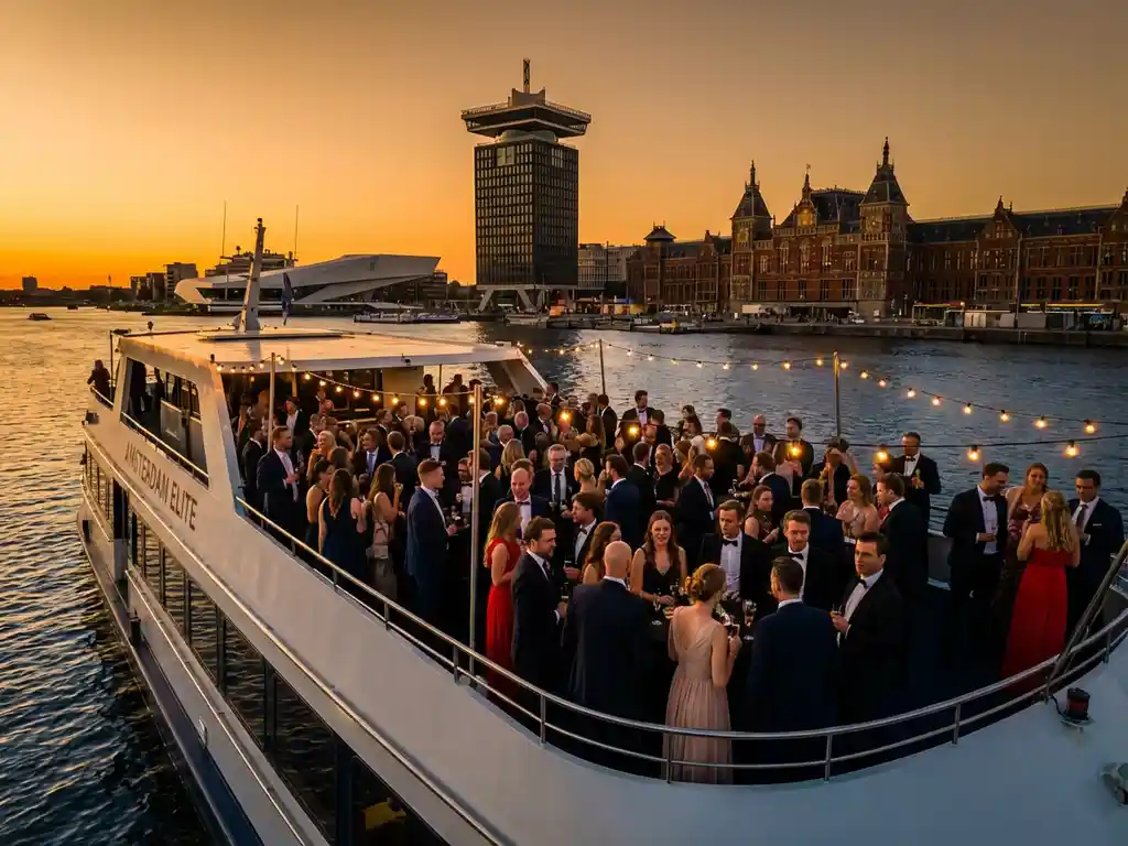 Luxury event boat on Amsterdam's IJ waterway at golden hour, professionals mingling on deck with A'DAM Tower and Central Station in the background.