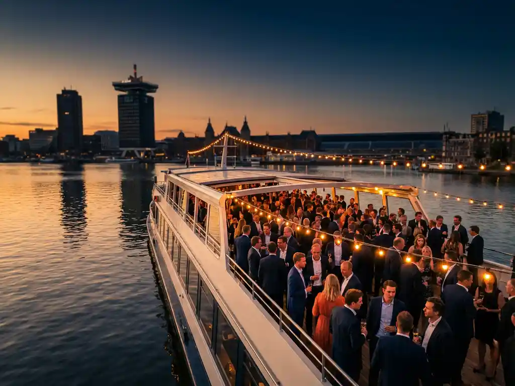 Luxury event vessel on Amsterdam's IJ waterway at golden hour, corporate guests on open deck, A'DAM Tower and Central Station in skyline.