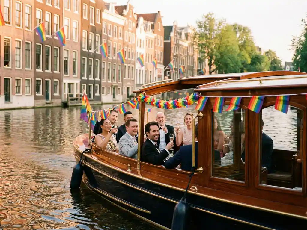 Luxury salon boat cruising Amsterdam's Pride canal, guests celebrating with champagne beneath rainbow flags, golden-hour light on historic gabled houses.