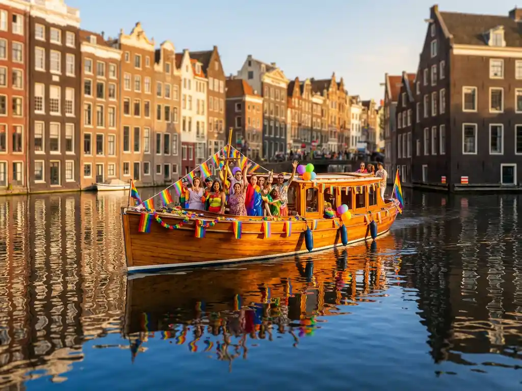 Luxury Dutch salon boat with rainbow Pride flags cruising an Amsterdam canal, historic gabled houses reflected in cobalt blue water.