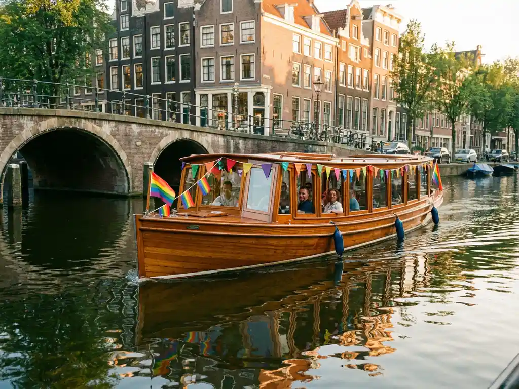 Dutch salon boat adorned with Pride rainbow flags cruising Amsterdam canal at golden hour, historic gabled buildings and arched bridge reflected in calm water.
