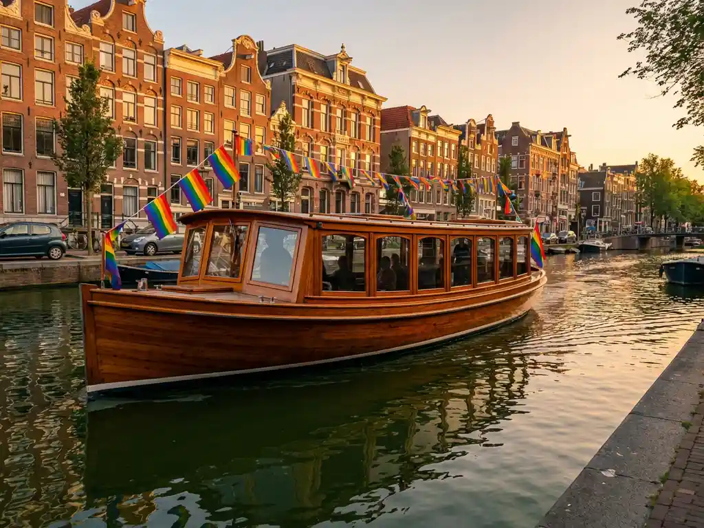Dutch salon tjalk boat with polished iroko wood gliding past Amsterdam Pride canal rainbow flags and historic gabled houses at golden hour.