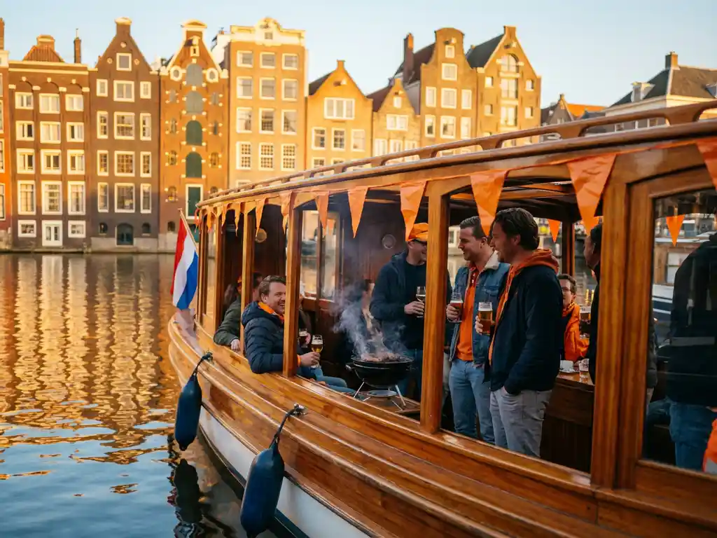 BBQ grill smoking on a Dutch salonboot deck during King's Day, orange decorations and Dutch flags on iroko railing, Amsterdam canal houses reflected below.