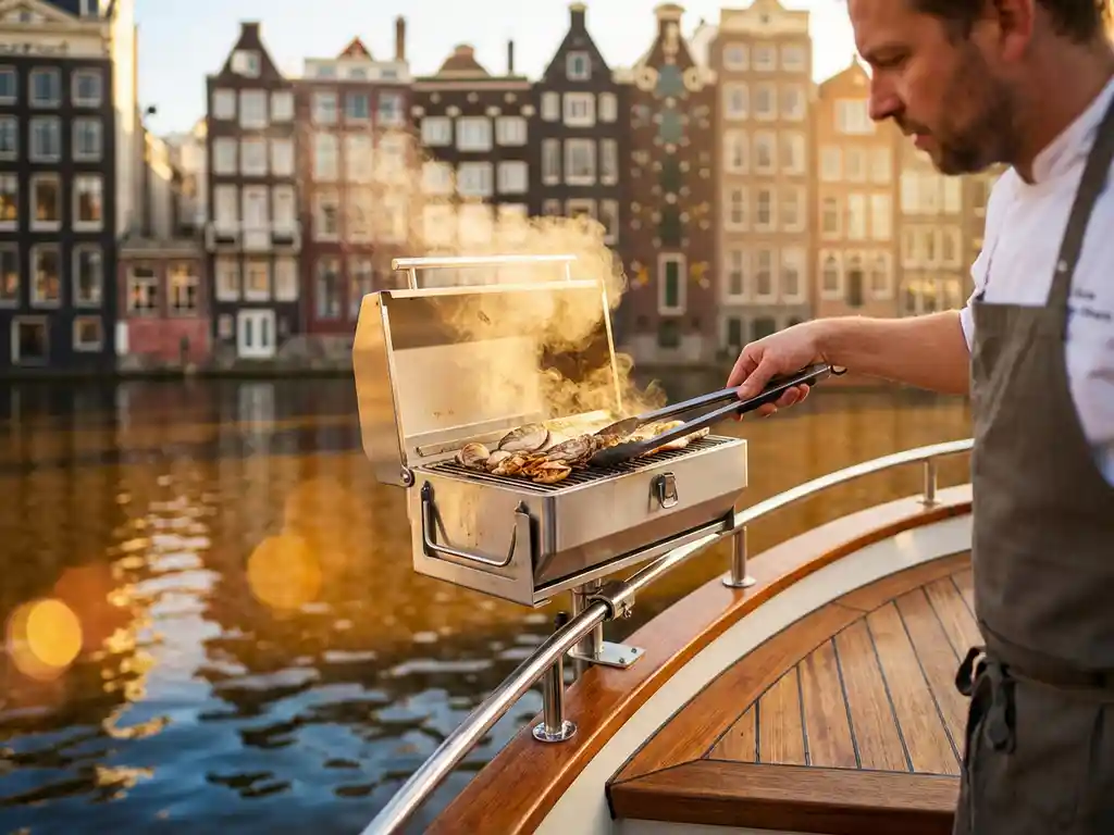 Chef grilling fresh seafood on a stainless steel barbecue at the stern of a Dutch salon tjalk on an Amsterdam canal at golden hour.