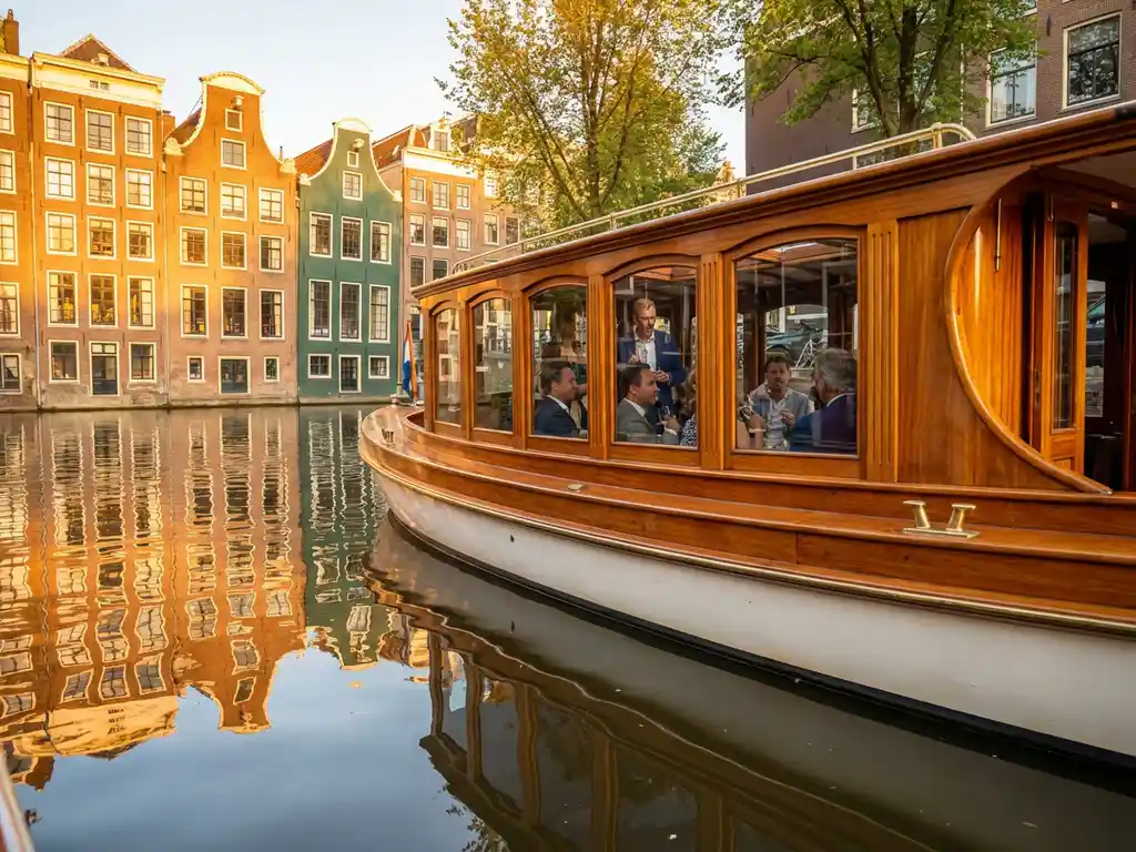 Classic 1910 Dutch salon tjalk with polished iroko wood gliding through a sunlit Amsterdam canal at golden hour, historic gabled facades reflected in calm water.