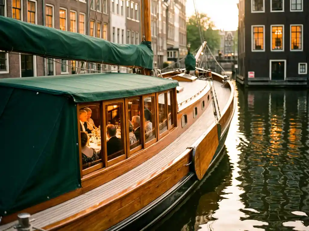 1910 Dutch salon tjalk with polished iroko hull cruising Amsterdam's canals at golden hour, guests dining inside glazed windows amid historic gabled reflections.