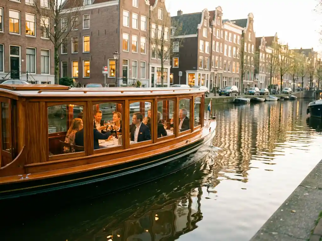 1910 Dutch salon tjalk with polished iroko wood cruising Amsterdam canals at golden hour, guests dining inside glazed salon windows, historic gabled facades reflected in calm water.