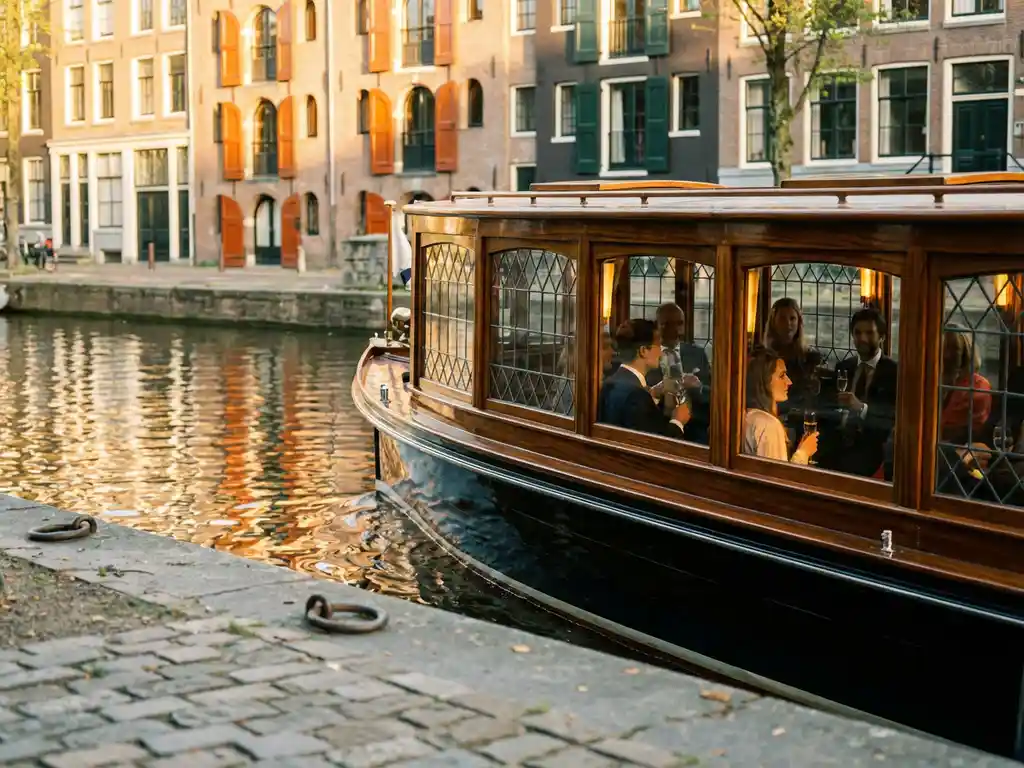 1910 Dutch salon tjalk with polished iroko wood hull cruising Amsterdam's canals at golden hour, historic gabled facades reflected in still water.