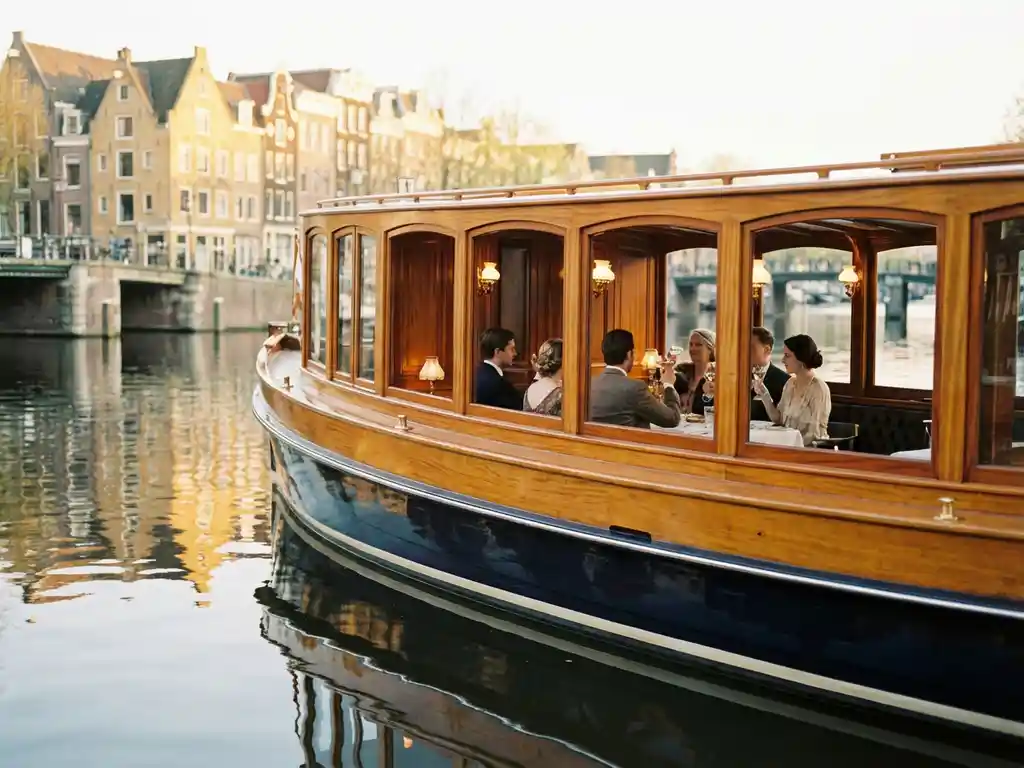 1910 Dutch salon tjalk with polished iroko hull cruising Amsterdam canals at golden hour, guests dining inside glazed salon windows.