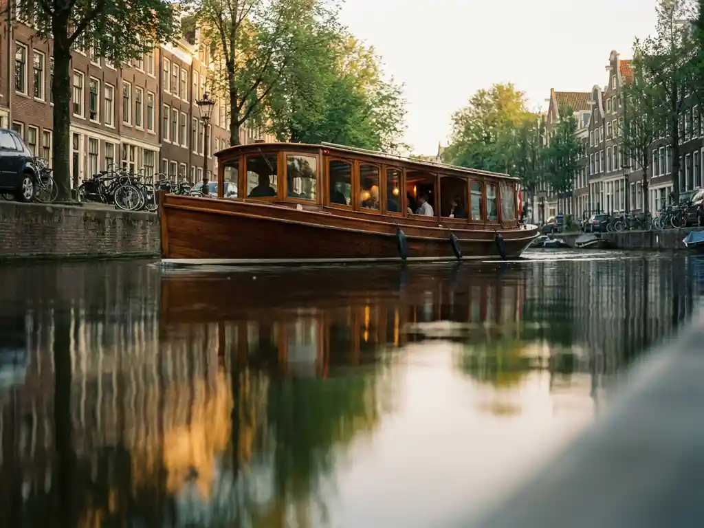 Dutch salon tjalk gliding through Amsterdam canals at golden hour, polished iroko hull reflecting in still water beside historic gabled houses.
