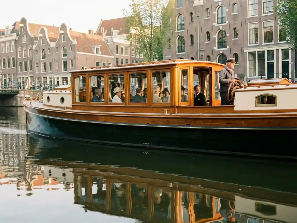 Dutch salon tjalk from 1910 cruising Amsterdam canals at golden hour, polished iroko hull reflecting in calm water beside historic gabled houses.