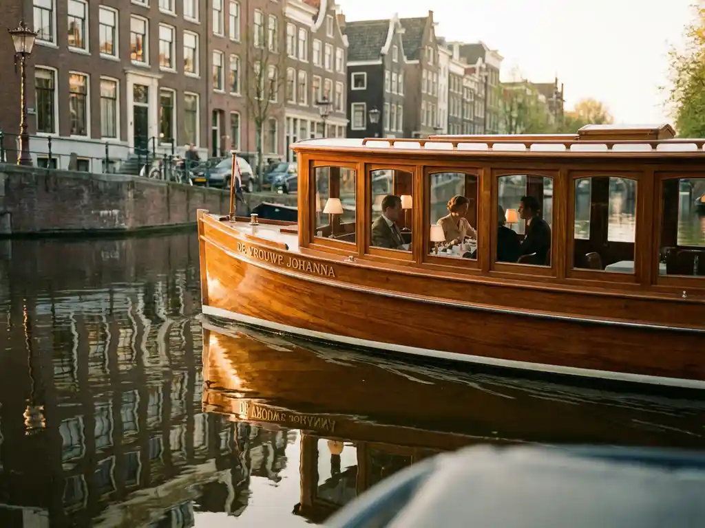 1910 Dutch salon tjalk with polished iroko hull cruising Amsterdam canals at golden hour, guests dining inside glazed windows, historic gabled facades reflected in still water.