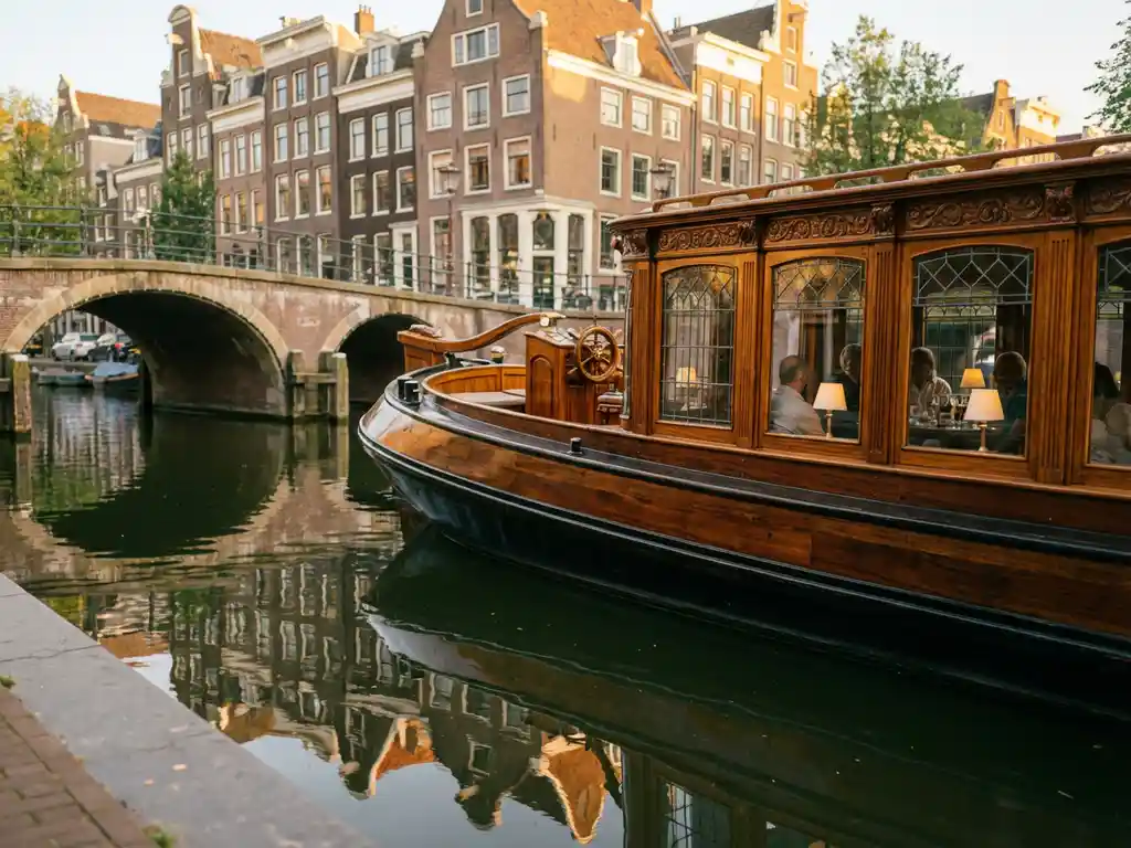 1910 Dutch salon tjalk with polished iroko hull cruising Amsterdam canals at golden hour, guests dining inside, historic gabled facades reflected in water.