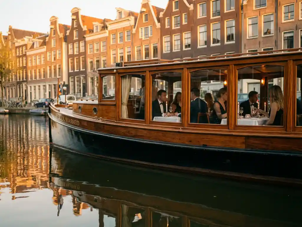 1910 Dutch salon tjalk with polished iroko hull gliding Amsterdam's golden-hour canals, corporate guests dining inside, historic gabled facades reflected in calm water.