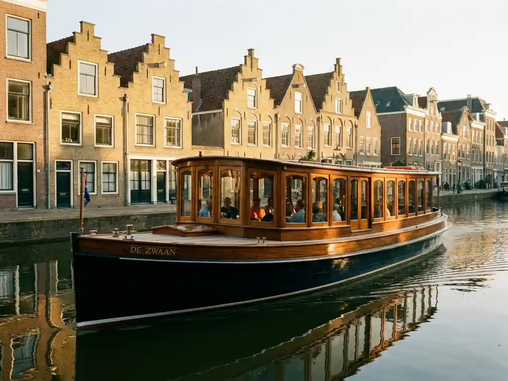 1910 Dutch salon tjalk with polished iroko hull cruising Amsterdam canal at golden hour, historic gabled brick houses reflected in still green water.