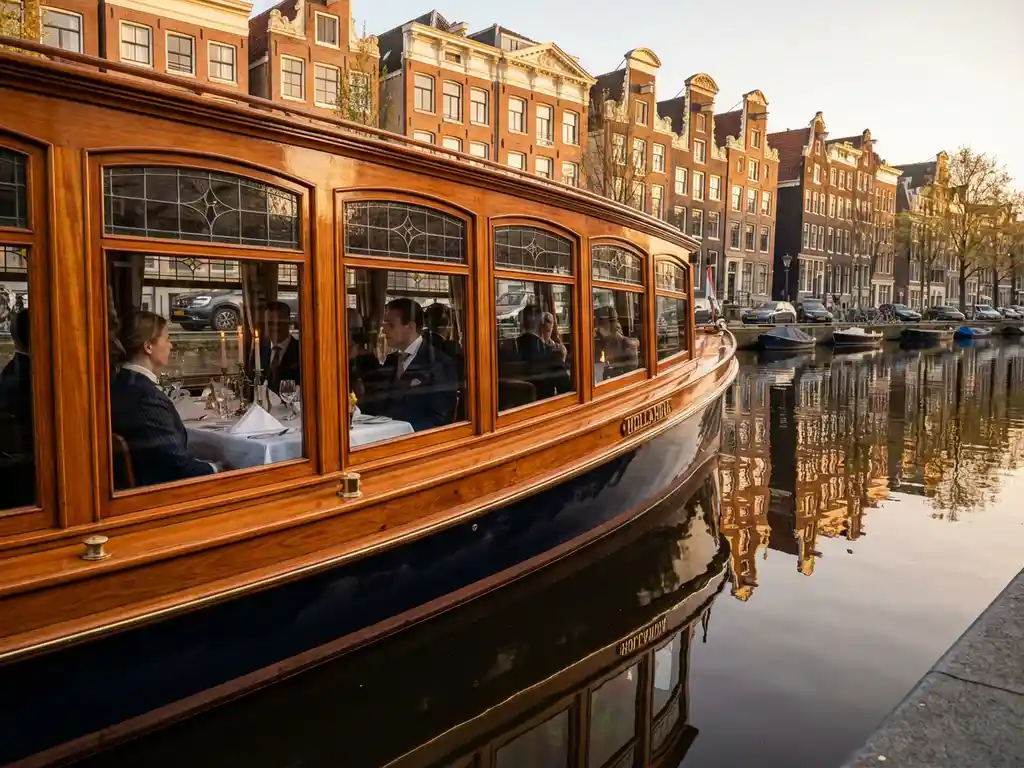 1910 Dutch salon tjalk gliding through Amsterdam canals at golden hour, polished iroko hull reflecting gabled facades in glassy water.