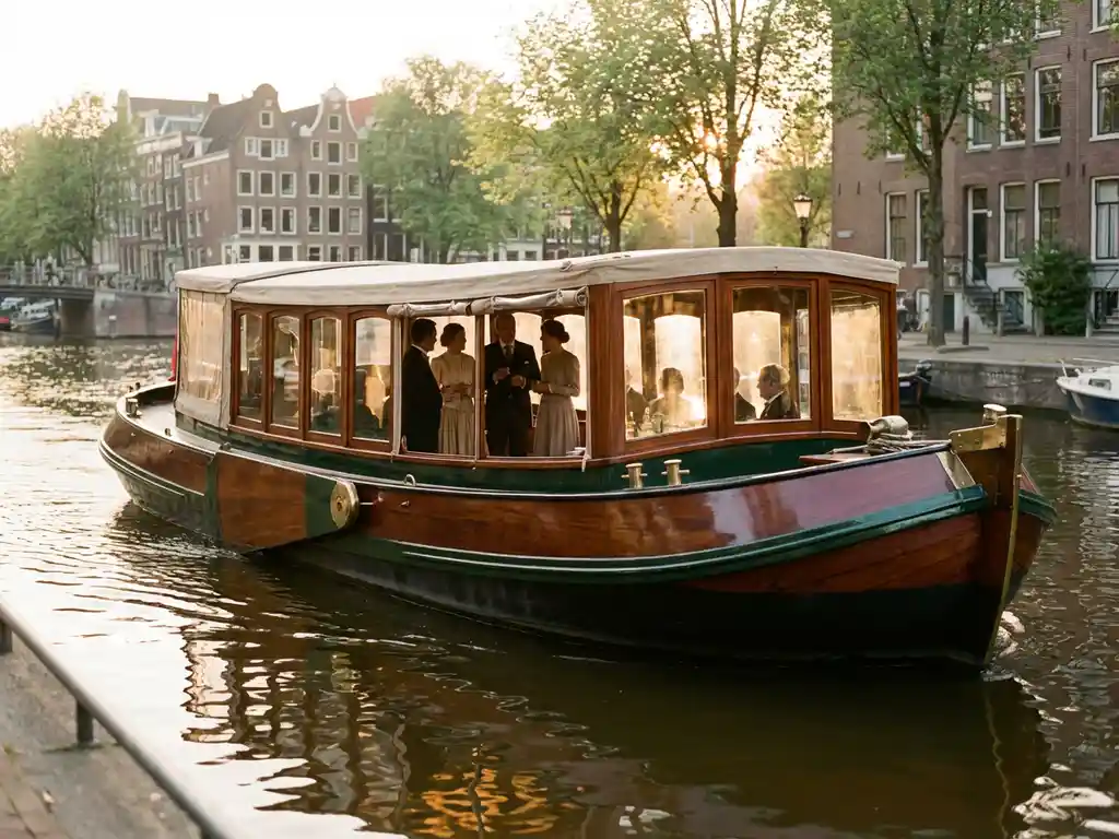 Dutch salon tjalk with polished iroko hull gliding through Amsterdam canals at golden hour, guests visible through glazed windows, historic gabled facades reflected in calm water.