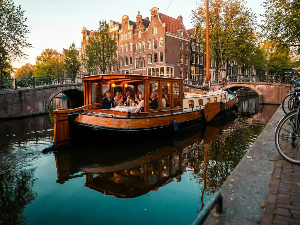 Dutch salon tjalk from 1910 gliding through Amsterdam canals at golden hour, guests dining by candlelight inside glazed windows, historic gabled houses reflecting in calm water.