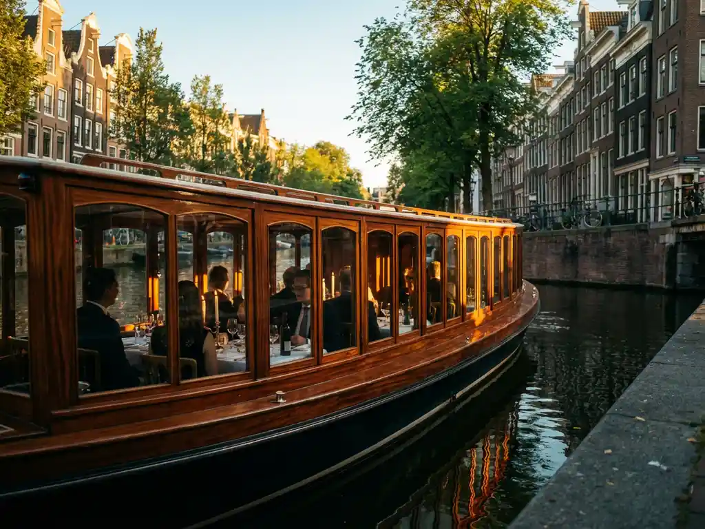 1910 Dutch salon tjalk gliding through Amsterdam canals at golden hour, guests dining by candlelight inside glazed windows, historic gabled facades reflected in calm water.