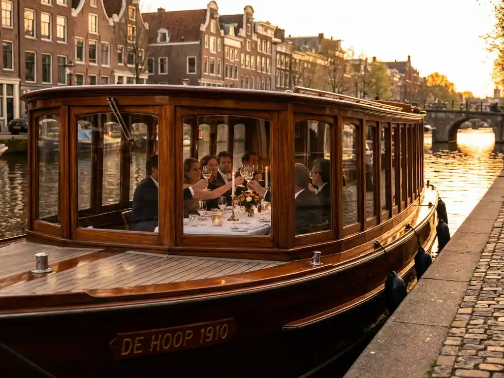 Classic 1910 Dutch salon tjalk sailing Amsterdam canals at golden hour, guests dining inside glazed windows, historic gabled facades reflected in calm water.